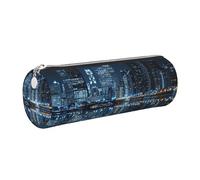 JKLQWC Chicago Reflected Printed Cylinder Pencil Case with Silver Zipper - Lightweight Leather Organizer for School, Office, Travel, Makeup