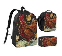 JKLQWC Chicken Print Print Backpack Set 3-Piece, 17-Inch School Bag with Insulated Lunch Bag & Pencil Case for Students Teens Girls Boys