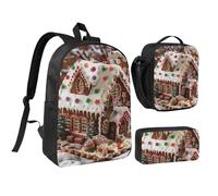 JKLQWC Christmas Gingerbread Like Village House Print Backpack Set 3-Piece, 17-Inch School Bag with Insulated Lunch Bag & Pencil Case for Students Teens Girls Boys