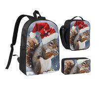 JKLQWC Christmas Squirrel Print Backpack Set 3-Piece, 17-Inch School Bag with Insulated Lunch Bag & Pencil Case for Students Teens Girls Boys