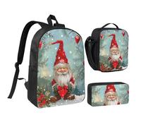 JKLQWC Christmas Traditional Gnome Print Backpack Set 3-Piece, 17-Inch School Bag with Insulated Lunch Bag & Pencil Case for Students Teens Girls Boys