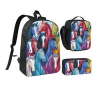 JKLQWC Colorful Cartoon Horses Print Backpack Set 3-Piece, 17-Inch School Bag with Insulated Lunch Bag & Pencil Case for Students Teens Girls Boys