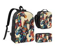 JKLQWC Colorful Cartoon Horses Print Backpack Set 3-Piece, 17-Inch School Bag with Insulated Lunch Bag & Pencil Case for Students Teens Girls Boys