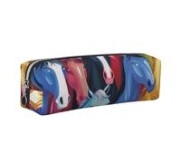 JKLQWC Colorful Cartoon Horses Printed Leather Pencil Case with Silver Zipper - Simple and Lightweight Organizer for School, Office, Travel, Makeup