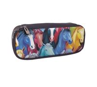JKLQWC Colorful Cartoon Horses Printed PU Leather Pencil Case Cute Pen Pencil Box Bag Zipper Office School Pencil Pouch Organizer for Students Teen Girls Boys Adult