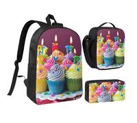 JKLQWC Colorful Happy Birthday Cupcakes Print Backpack Set 3-Piece, 17-Inch School Bag with Insulated Lunch Bag & Pencil Case for Students Teens Girls Boys