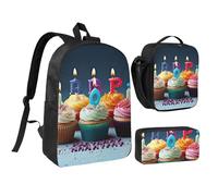 JKLQWC Colorful Happy Birthday Cupcakes Print Backpack Set 3-Piece, 17-Inch School Bag with Insulated Lunch Bag & Pencil Case for Students Teens Girls Boys