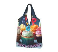 JKLQWC Colorful Happy Birthday Cupcakes Printed Foldable Shopping Bag 1 PCS, Reusable Grocery Tote Bags for Daily Shopping and Travel
