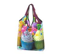 JKLQWC Colorful Happy Birthday Cupcakes Printed Foldable Shopping Bag 3 PCS, Reusable Grocery Tote Bags for Daily Shopping and Travel