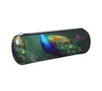 JKLQWC Colorful Peacock Printed Cylinder Pencil Case with Silver Zipper - Lightweight Leather Organizer for School, Office, Travel, Makeup