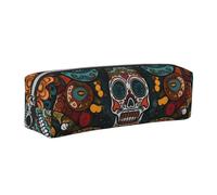 JKLQWC Colorful Sugar Skulls Printed Leather Pencil Case with Silver Zipper - Simple and Lightweight Organizer for School, Office, Travel, Makeup