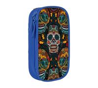 JKLQWC Colorful Sugar Skulls Printed Pencil Case Cute Pen Pouch Large Pen Bag Portable Storage Organizer Box for Office School Teen Girl Boy Adult,Blue