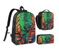 JKLQWC Colorful Tropical Leaf Print Backpack Set 3-Piece, 17-Inch School Bag with Insulated Lunch Bag & Pencil Case for Students Teens Girls Boys