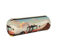 JKLQWC Company Farm Tractor Printed Cylinder Pencil Case with Gold Zipper - Lightweight Leather Organizer for School, Office, Travel, Makeup