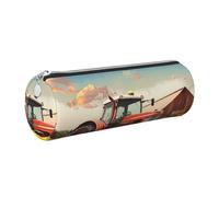 JKLQWC Company Farm Tractor Printed Cylinder Pencil Case with Silver Zipper - Lightweight Leather Organizer for School, Office, Travel, Makeup