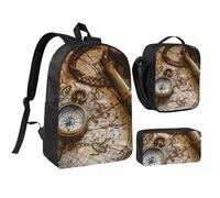 JKLQWC Compass and Old World Map Print Backpack Set 3-Piece, 17-Inch School Bag with Insulated Lunch Bag & Pencil Case for Students Teens Girls Boys