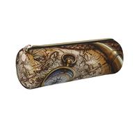JKLQWC Compass and Old World Map Printed Cylinder Pencil Case with Gold Zipper - Lightweight Leather Organizer for School, Office, Travel, Makeup
