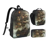 JKLQWC Cool Pirate Ship Print Backpack Set 3-Piece, 17-Inch School Bag with Insulated Lunch Bag & Pencil Case for Students Teens Girls Boys