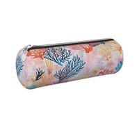 JKLQWC Coral Reef Printed Cylinder Pencil Case with Silver Zipper - Lightweight Leather Organizer for School, Office, Travel, Makeup