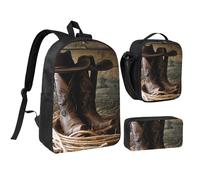 JKLQWC Cowboy Black Hat Western Boots Print Backpack Set 3-Piece, 17-Inch School Bag with Insulated Lunch Bag & Pencil Case for Students Teens Girls Boys