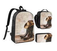 JKLQWC Cowboy Hat and Boots Print Backpack Set 3-Piece, 17-Inch School Bag with Insulated Lunch Bag & Pencil Case for Students Teens Girls Boys