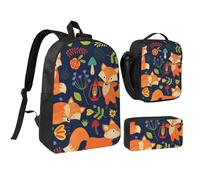 JKLQWC Cute Animal Fox Flower Print School Backpack Set of 3, 17-Inch School Bag with Insulated Lunch Bag & Pencil Case for Students Teens Girls Boys