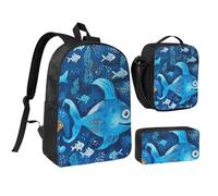 JKLQWC Cute Blue Fish Print Backpack Set 3-Piece, 17-Inch School Bag with Insulated Lunch Bag & Pencil Case for Students Teens Girls Boys