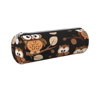 JKLQWC Cute Brown Cartoon Owls Printed Cylinder Pencil Case with Silver Zipper - Lightweight Leather Organizer for School, Office, Travel, Makeup