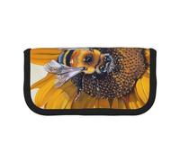 JKLQWC Cute Canvas Pencil Case Organizer - Bee on Sunflower Prints Stationery & Makeup Pouch, Large Capacity Cosmetic Bag for Travel, School, Office, Gifts