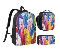 JKLQWC Cute Cartoon Horses Print Backpack Set 3-Piece, 17-Inch School Bag with Insulated Lunch Bag & Pencil Case for Students Teens Girls Boys