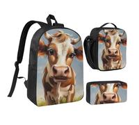 JKLQWC Cute Cow Print Backpack Set 3-Piece, 17-Inch School Bag with Insulated Lunch Bag & Pencil Case for Students Teens Girls Boys