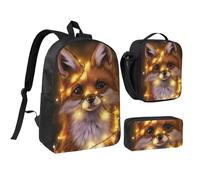 JKLQWC Cute fox Print School Backpack Set of 3, 17-Inch School Bag with Insulated Lunch Bag & Pencil Case for Students Teens Girls Boys