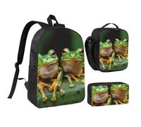 JKLQWC Cute Frog Print Backpack Set 3-Piece, 17-Inch School Bag with Insulated Lunch Bag & Pencil Case for Students Teens Girls Boys