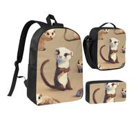 JKLQWC Cute Hairy Ferret Print Backpack Set 3-Piece, 17-Inch School Bag with Insulated Lunch Bag & Pencil Case for Students Teens Girls Boys
