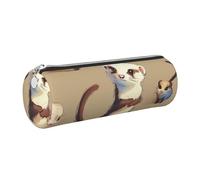 JKLQWC Cute Hairy Ferret Printed Cylinder Pencil Case with Silver Zipper - Lightweight Leather Organizer for School, Office, Travel, Makeup