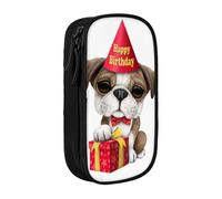 JKLQWC Cute Happy Birthday Pug Puppy Printed Pencil Case Cute Pen Pouch Large Pen Bag Portable Storage Organizer Box for Office School Teen Girl Boy Adult,Black