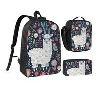 JKLQWC Cute Llama Floral Print Backpack Set 3-Piece, 17-Inch School Bag with Insulated Lunch Bag & Pencil Case for Students Teens Girls Boys