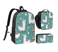 JKLQWC Cute Llama Print Backpack Set 3-Piece, 17-Inch School Bag with Insulated Lunch Bag & Pencil Case for Students Teens Girls Boys