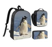 JKLQWC Cute Penguin Print Backpack Set 3-Piece, 17-Inch School Bag with Insulated Lunch Bag & Pencil Case for Students Teens Girls Boys