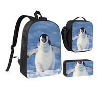 JKLQWC Cute Penguin Print Backpack Set 3-Piece, 17-Inch School Bag with Insulated Lunch Bag & Pencil Case for Students Teens Girls Boys