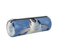 JKLQWC Cute Penguin Printed Cylinder Pencil Case with Silver Zipper - Lightweight Leather Organizer for School, Office, Travel, Makeup