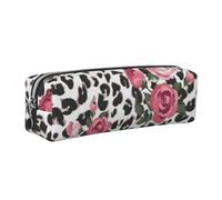 JKLQWC Cute Pink Rose Mix Leopard Pattern Printed Leather Pencil Case with Silver Zipper - Simple and Lightweight Organizer for School, Office, Travel, Makeup