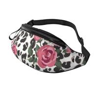 JKLQWC Cute Pink Rose Mix Leopard Pattern Printed Waist Bag with Headphone Jack, Personalized Bumbags Fanny Packs Unisex Running Hiking Crossbody Bags for Men Women