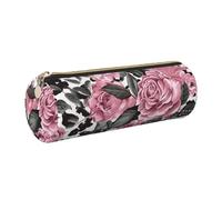 JKLQWC Cute Rose Mix Leopard Pattern Printed Cylinder Pencil Case with Gold Zipper - Lightweight Leather Organizer for School, Office, Travel, Makeup