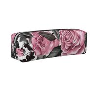 JKLQWC Cute Rose Mix Leopard Pattern Printed Leather Pencil Case with Silver Zipper - Simple and Lightweight Organizer for School, Office, Travel, Makeup
