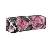 JKLQWC Cute Rose Mix Leopard Pattern Printed Leather Pencil Case with Silver Zipper - Simple and Lightweight Organizer for School, Office, Travel, Makeup