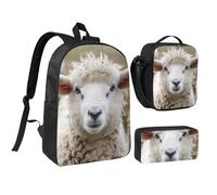 JKLQWC Cute Sheep Lamb Print Backpack Set 3-Piece, 17-Inch School Bag with Insulated Lunch Bag & Pencil Case for Students Teens Girls Boys