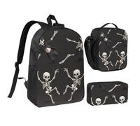 JKLQWC Cute Skeleton Dancing Print Backpack Set 3-Piece, 17-Inch School Bag with Insulated Lunch Bag & Pencil Case for Students Teens Girls Boys