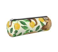 JKLQWC Cute Sloths on Yellow Lemons Printed Cylinder Pencil Case with Silver Zipper - Lightweight Leather Organizer for School, Office, Travel, Makeup