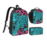 JKLQWC Cute Turquoise Leopard Print Backpack Set 3-Piece, 17-Inch School Bag with Insulated Lunch Bag & Pencil Case for Students Teens Girls Boys